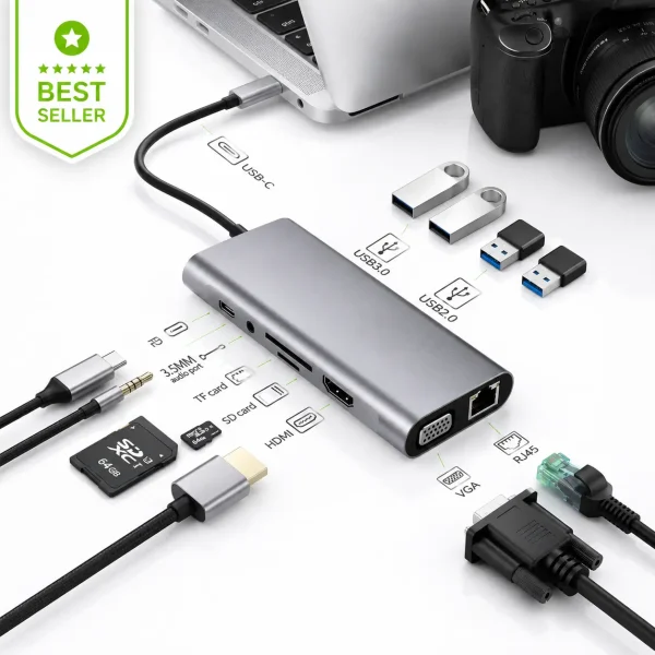 11-in-1-type-c-hub-with-1x-hdmi-2x-usb-a-2x-usb-c-rj45-ethernet-sd-tf-card-reader-for-mac-mini-windows-pc-macbook-laptop-android-image 11 in 1 type c hub for MacBook and windows